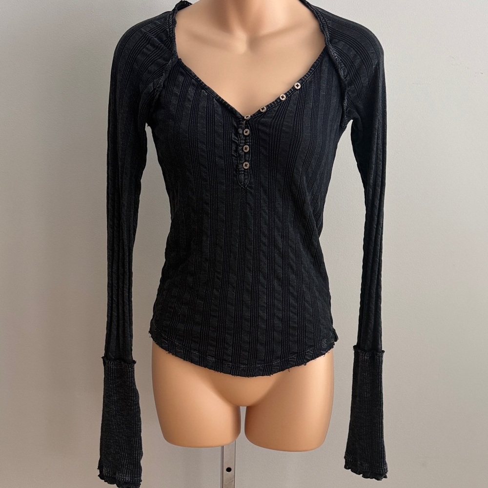 Women's Free People Black Long Sleeve Ribbed Henley Top Size XS